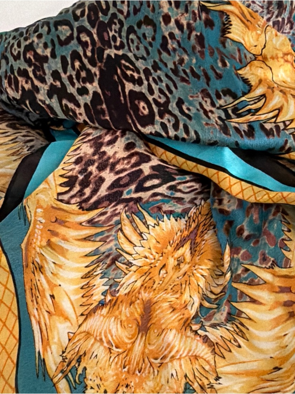 Vintage Silk Scarf Made In Italy Leopard Animal Print Turquoise Gold 66 X 25 - Picture 6 of 7